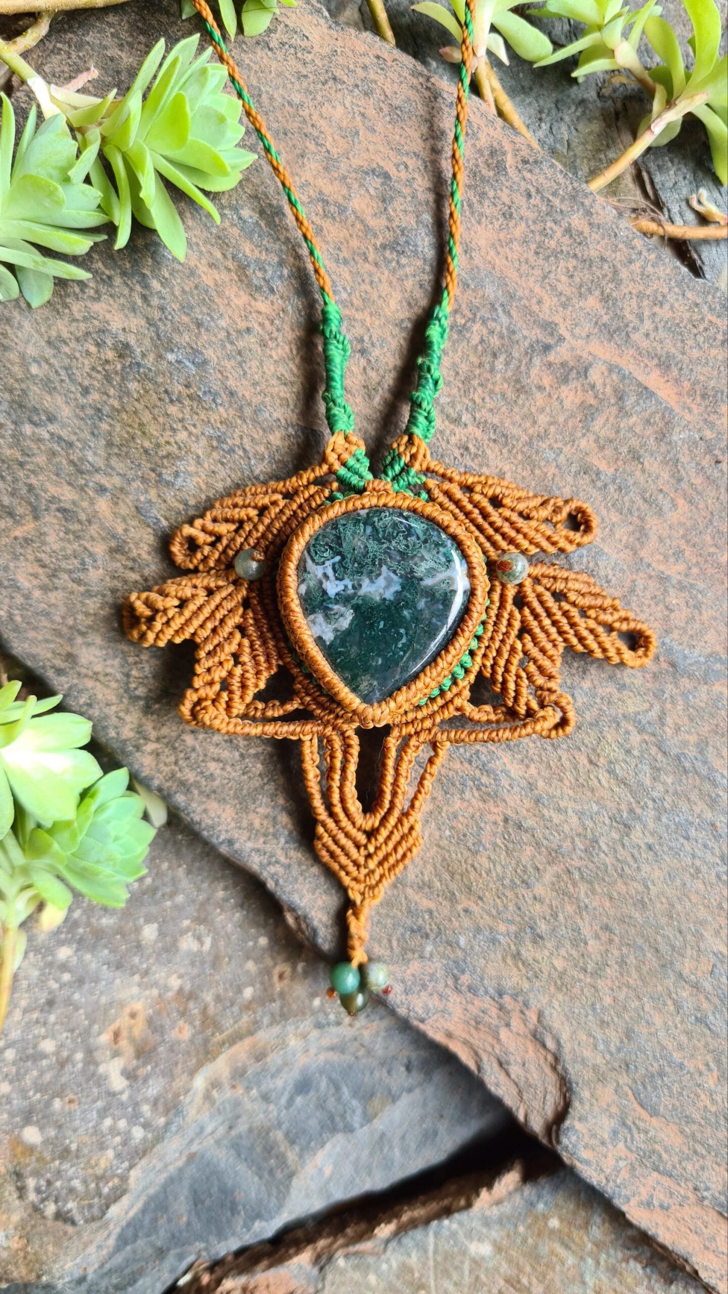 Moss agate macrame necklace