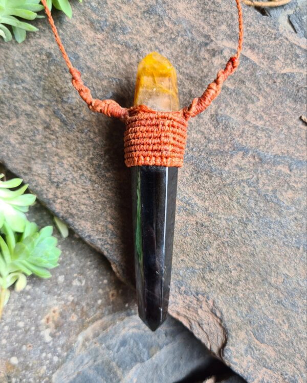 Chunky Double energy Smoky Quartz and Golden gealer crystal point macrame necklace
