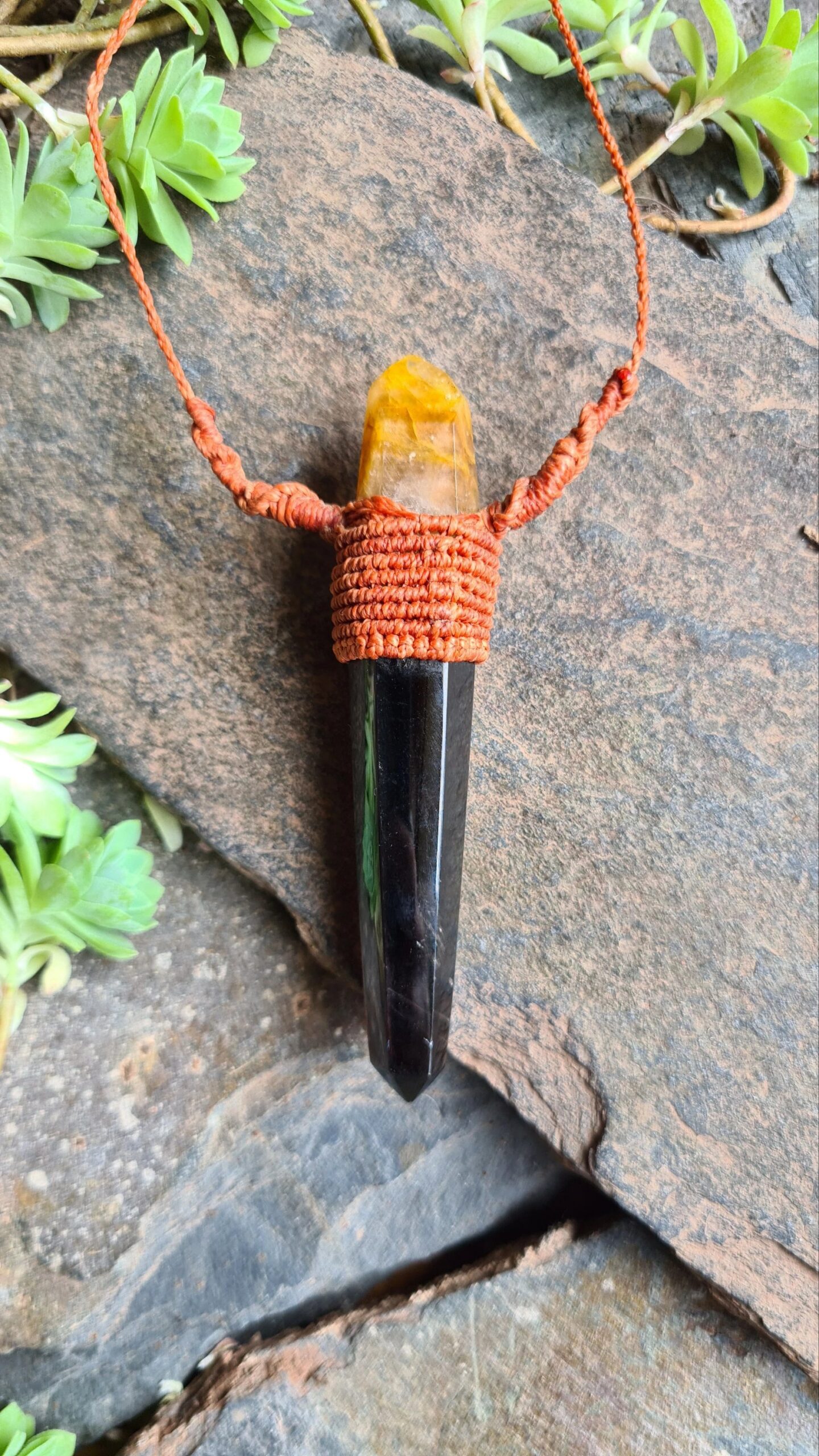 Chunky Double energy Smoky Quartz and Golden gealer crystal point macrame necklace