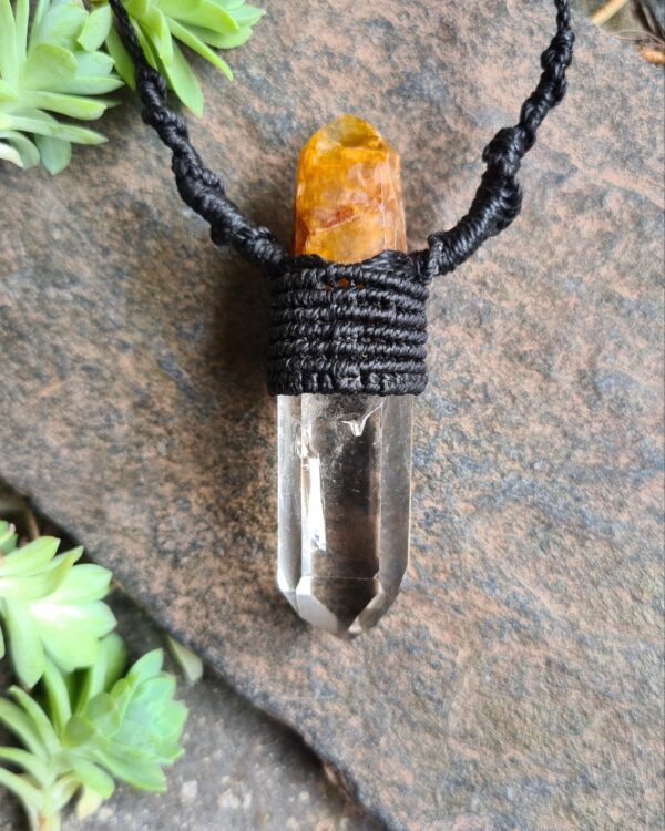 Chunky Double energy Quartz and Golden gealer crystal point macrame necklace