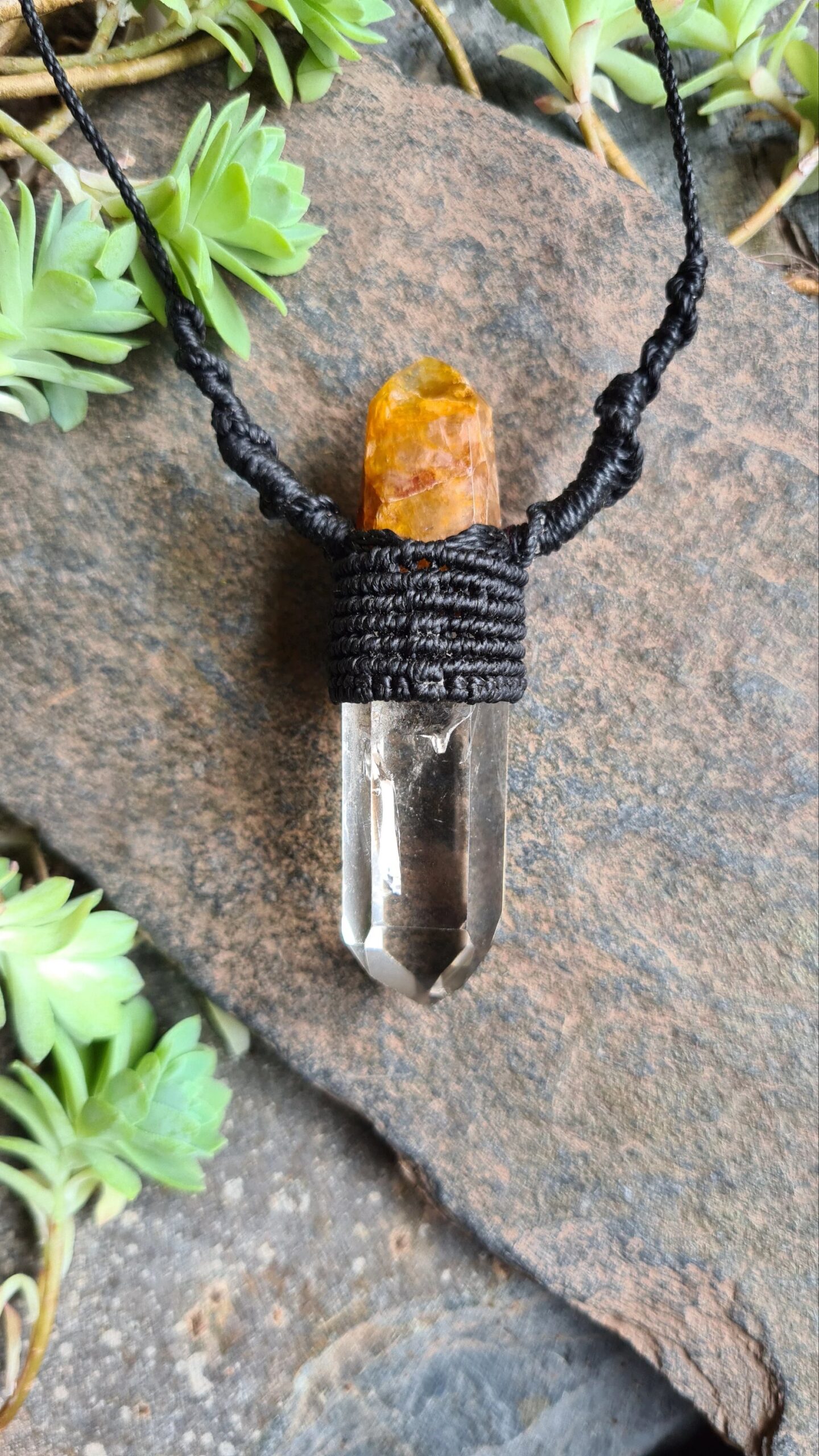 Chunky Double energy Quartz and Golden gealer crystal point macrame necklace