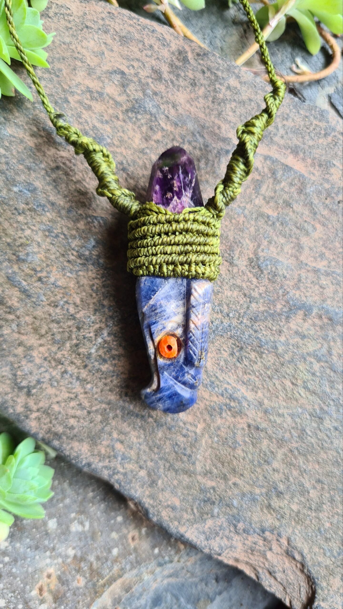 The Eagle of the Andes gaia earth trilogy Amethyst Sodalite Spondylus Macrame
