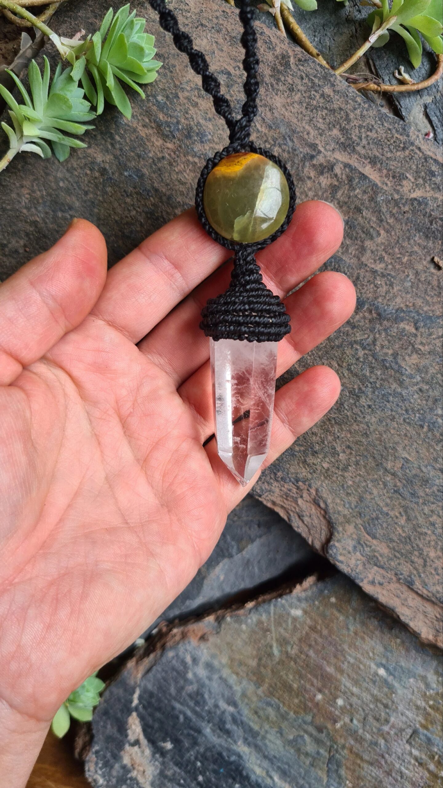 Quartz point and Serpentine crystal macrame necklace - Image 2