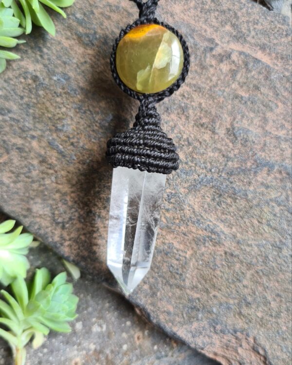 Quartz point and Serpentine crystal macrame necklace