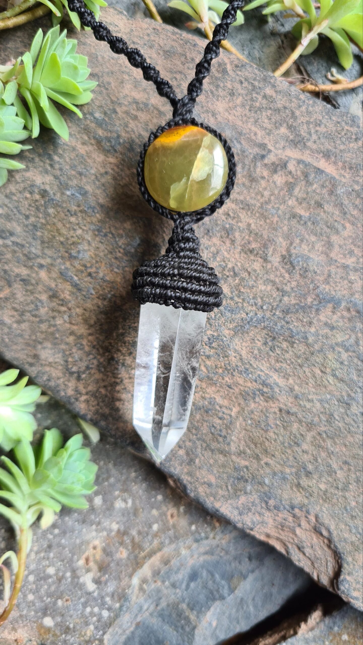 Quartz point and Serpentine crystal macrame necklace