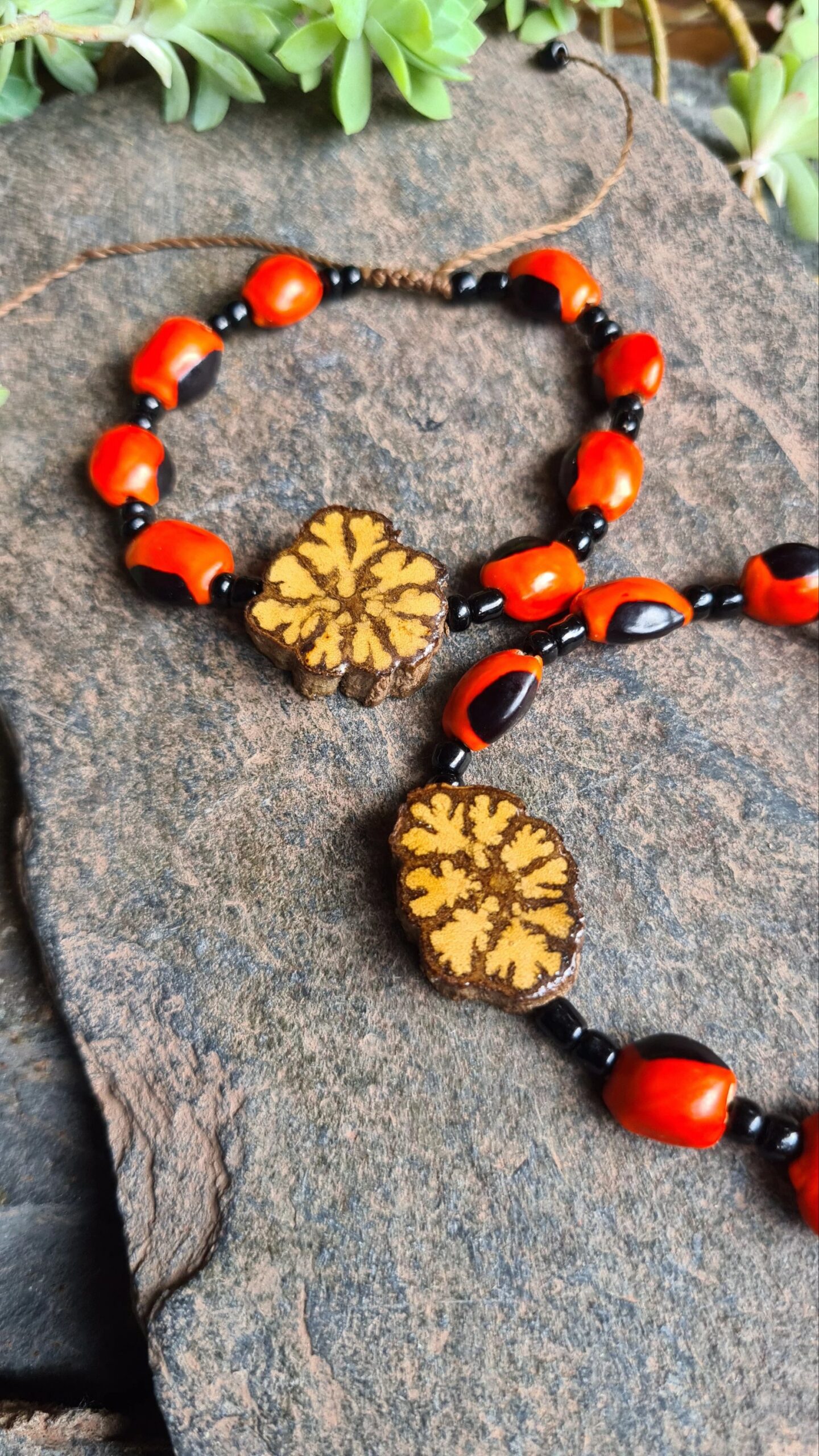 Black Ayahuasca slice and Huayruro seed bracelet