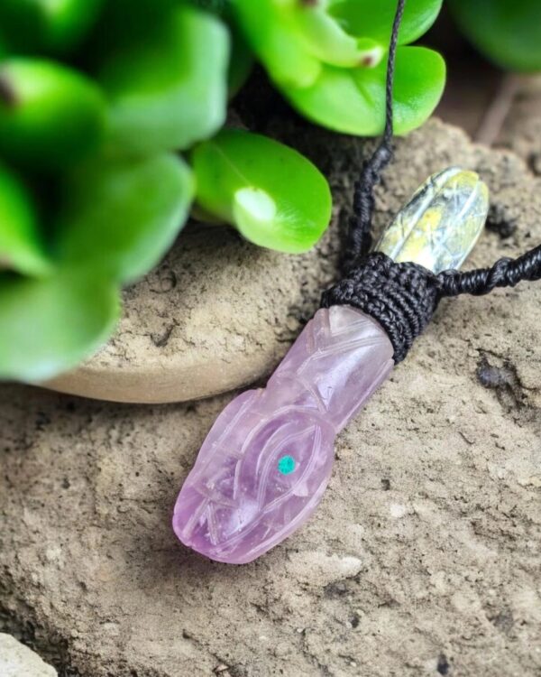 Amethyst Serpent with Serpentine stone San Pedro Wachuma cactus carved necklace