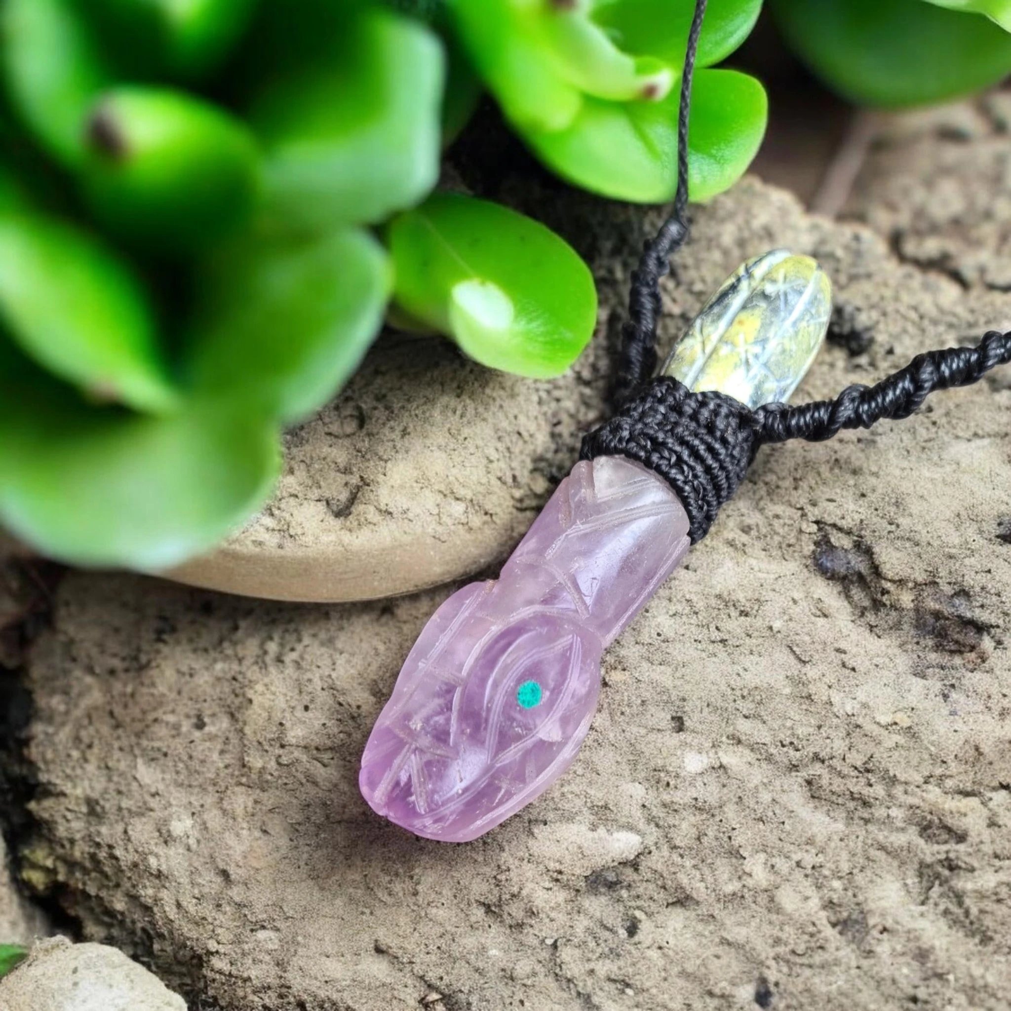 Amethyst Serpent with Serpentine stone San Pedro Wachuma cactus carved necklace