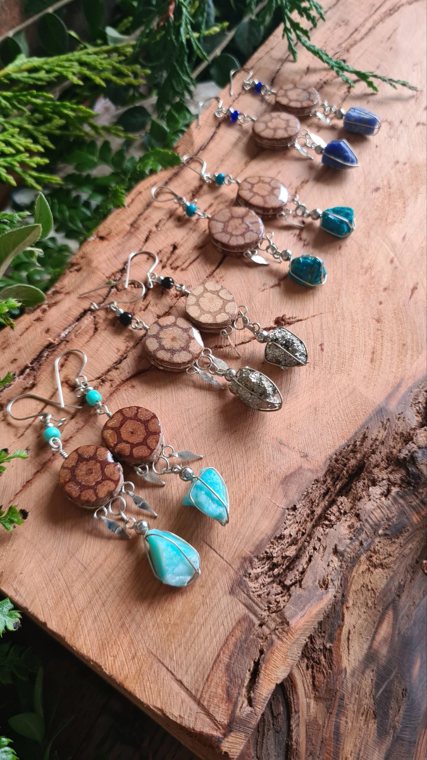 Ayahuasca slice and raw crystal earrings