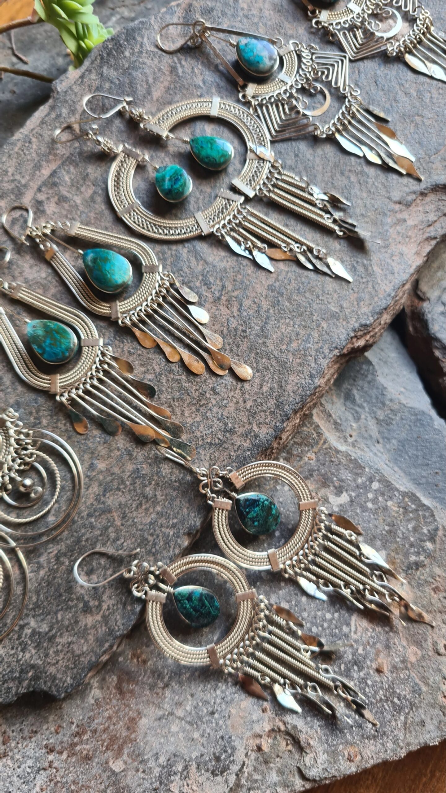 Alpaca silver Chrysocolla turquoise crescent Earrings