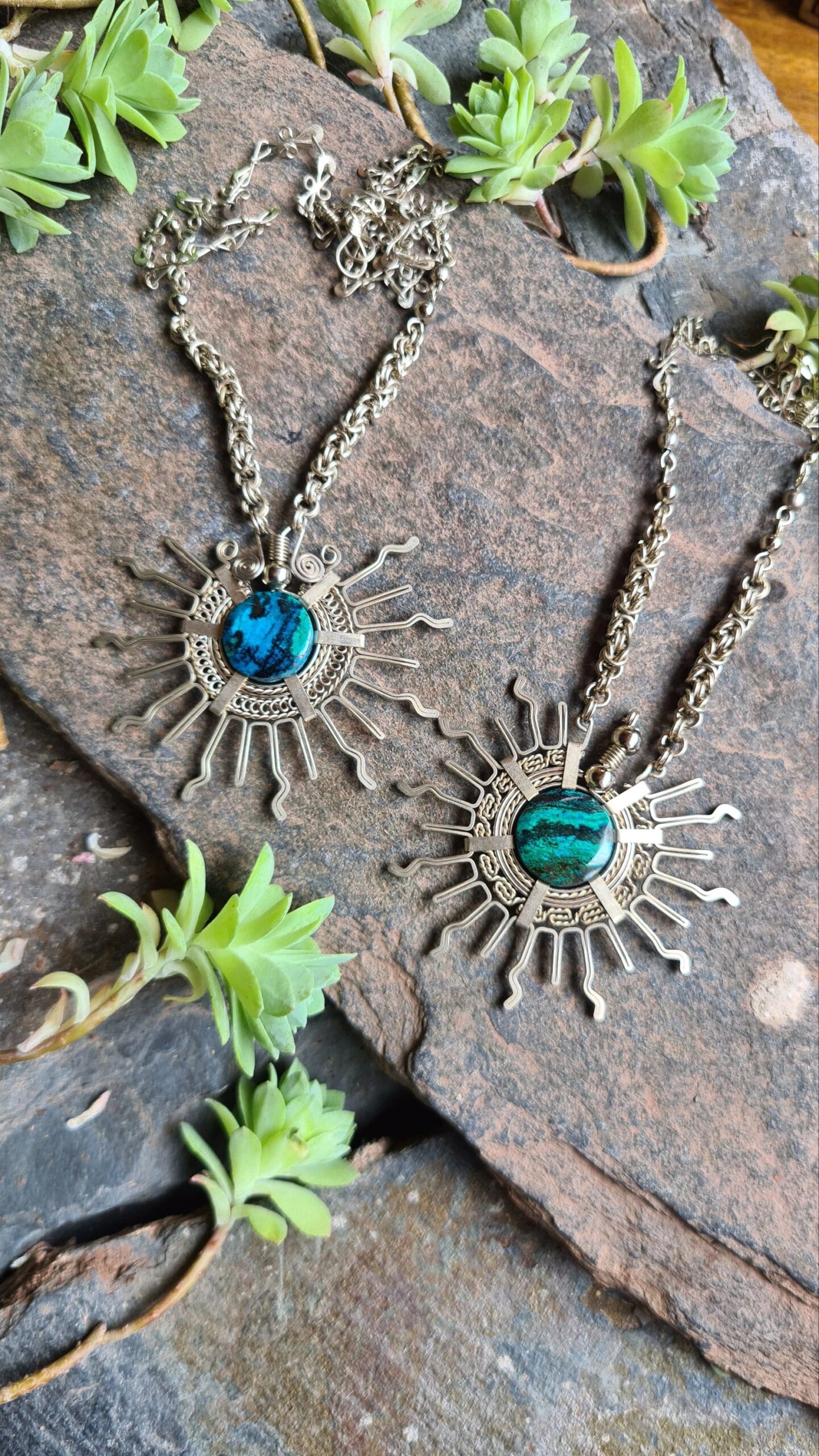 Inti Sun Chrysocolla turquoise and Alpaca silver necklace