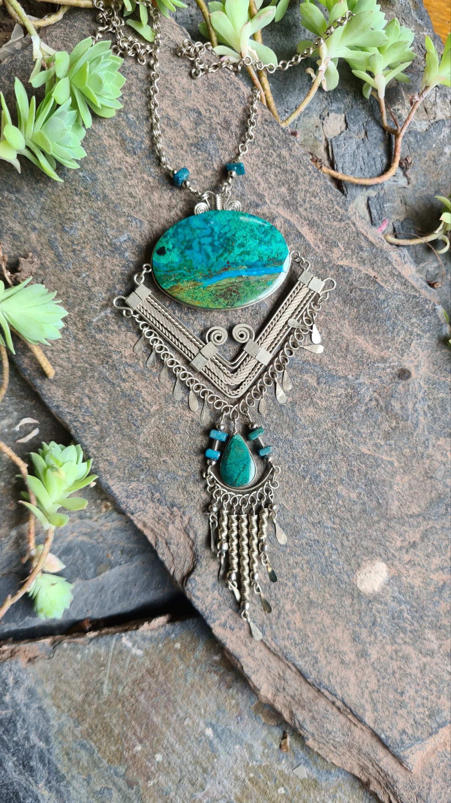 Sacred water Chrysocolla turquoise stone Alpaca Silver necklace