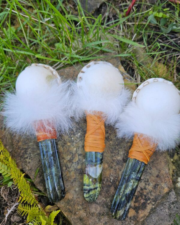 Shamanic San Pedro Wachuma Serpentine carved crystal handle rattle